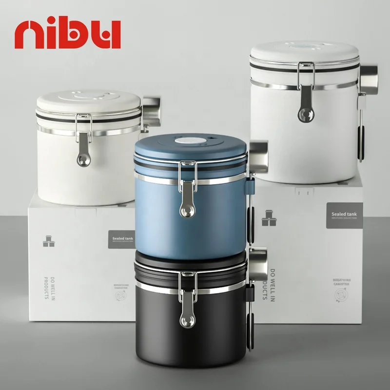 Вакуумный металлический круглый герметичный контейнер NIBU для хранения кофейных зерен премиум-класса с ложкой