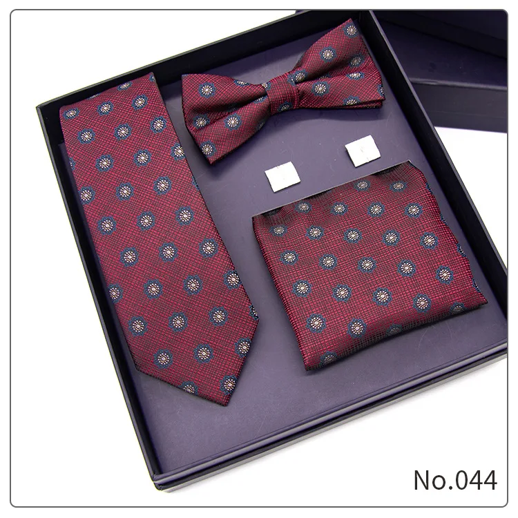 Custom classic formal 100% polyester cufflinks neck tie handkerchief and bow tie gift box set for men