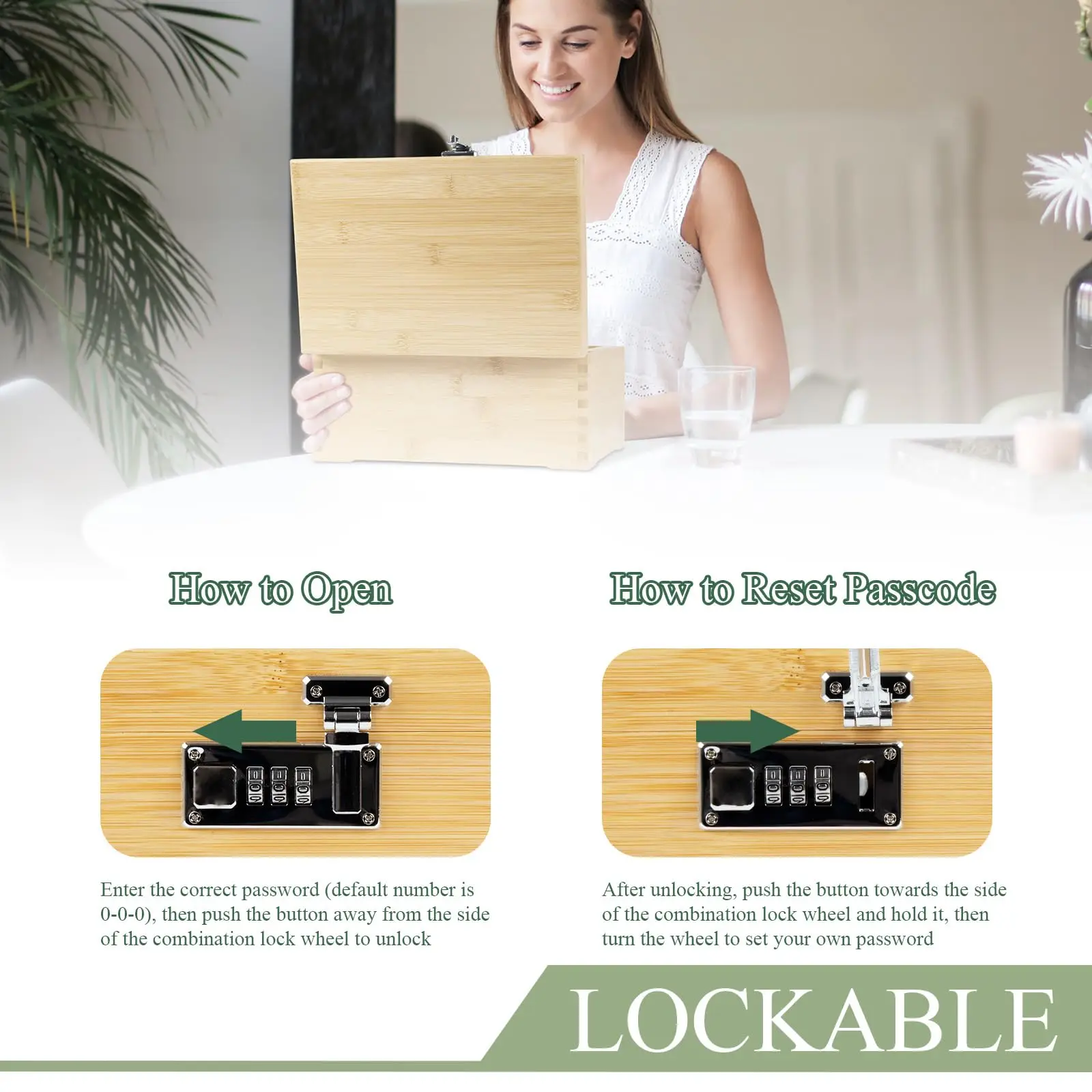 Large Bamboo Box Tray Set with Combination Lock, Lockable Home Decorative Box, Upgrade Tray | Glass Jars | Accessory Tool