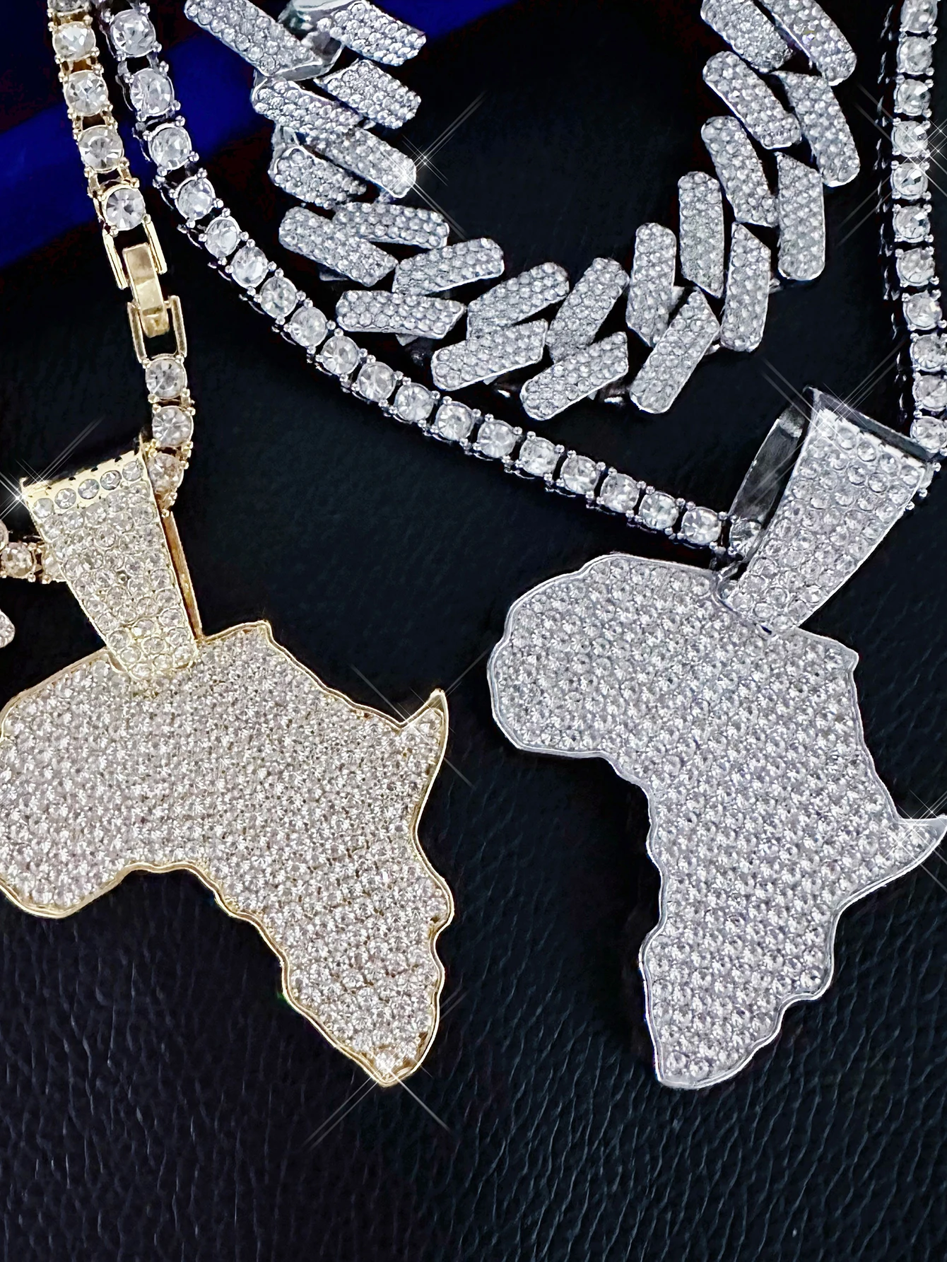 3PCS/SET Big Size Africa Map Pendant Necklace Women Men Hip Hop Layered Necklace Pendant with Tennis Chain