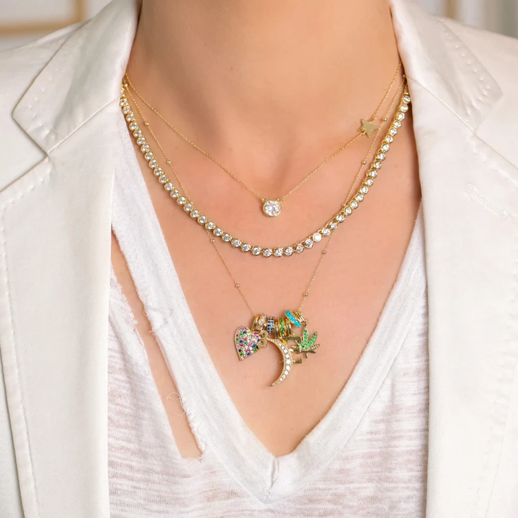 Gemnel High quality 925 silver jewelry ruby crystal rainbow love heart charm real gold necklaces