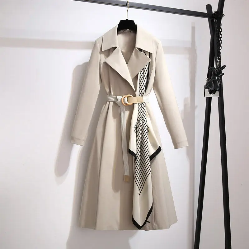 OEM Custom New Style Plus Size Trend Double Breasted Solid color Mid-Long Jacket With Belt Waist Slimming Women Trench Coat