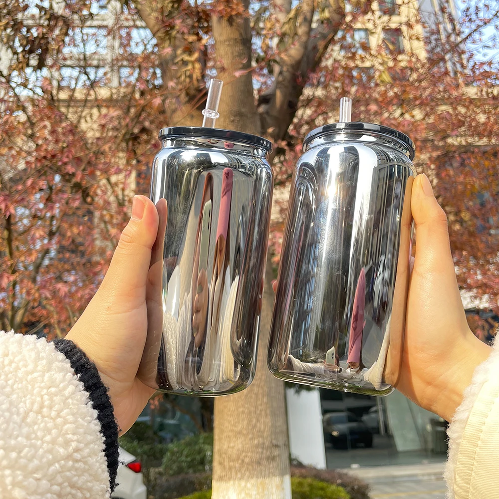 Reusable BPA Free Mens Borosilicate metal mirror black plated 16oz glass can with  plastic lids for UV DTF wraps and vinyl