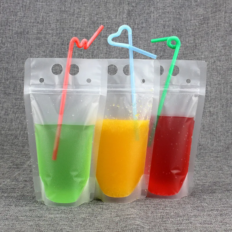 Custom Logo 350ml 500ml Disposable Clear Plastic Ziplock   Drink Pouches With Straw Hole
