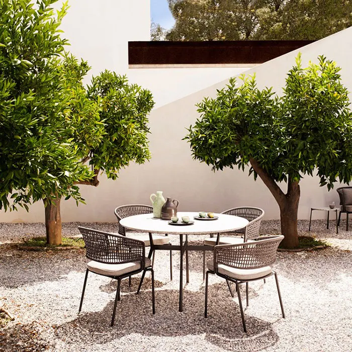 Waterproof rattan cafe restaurant garden outdoor armrest dining table and chair