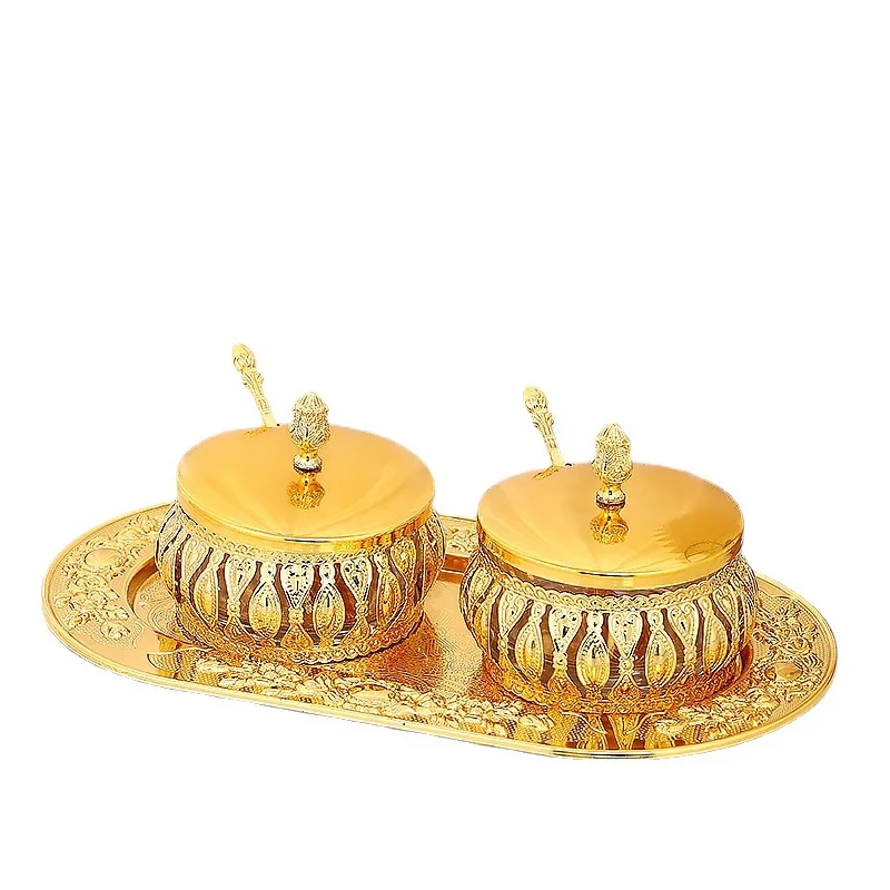 Miniature Glass bottle spice shakers Sugar jar, spoon and tray Iron Art Golden Household Sealed Glass Kitchen Set