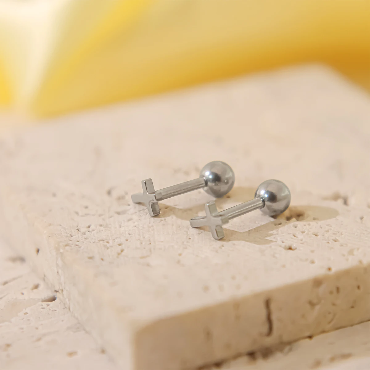 Simple steel color single piece cross screw back stud Smooth cross piercing threaded stud earrings