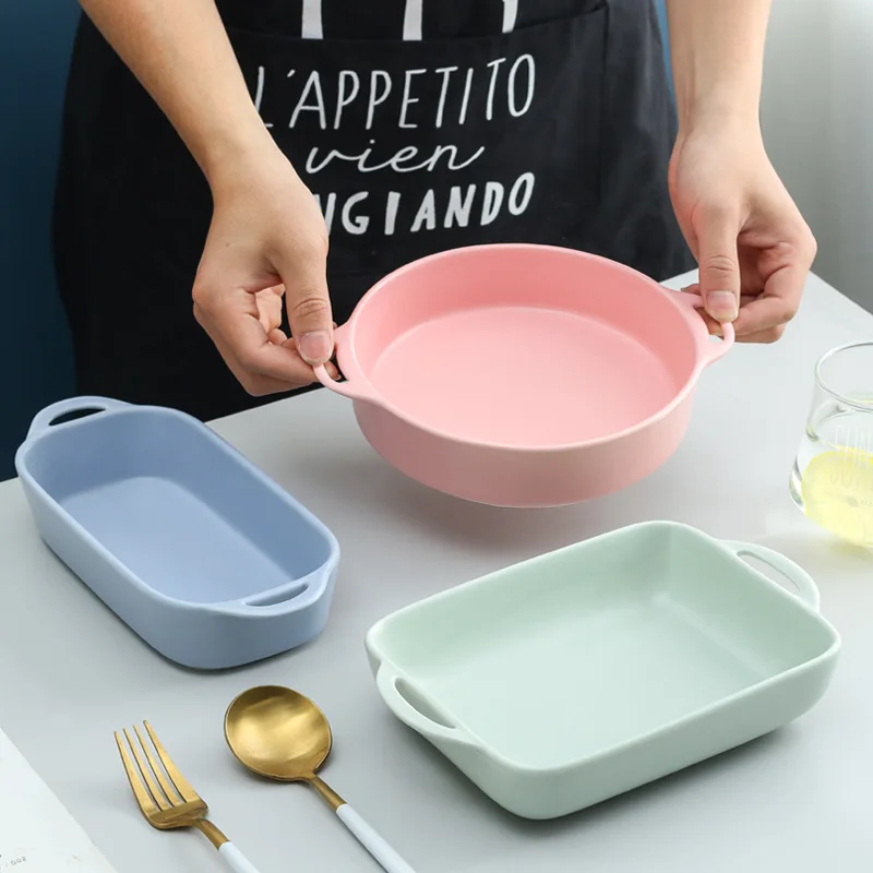 Nordic Style Plate Ceramic Household Dinner Plate Ins Double Handle Disk Baking Tray Creative Dinner Baked Rice Tableware Plate