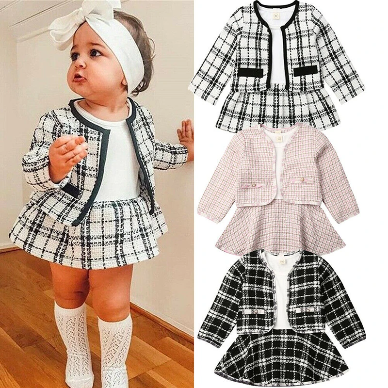 Factory direct Winter Tartan Sweet Style Cotton Pullover Baby Girls Romper Clothes Tweed Coat Skirt Set