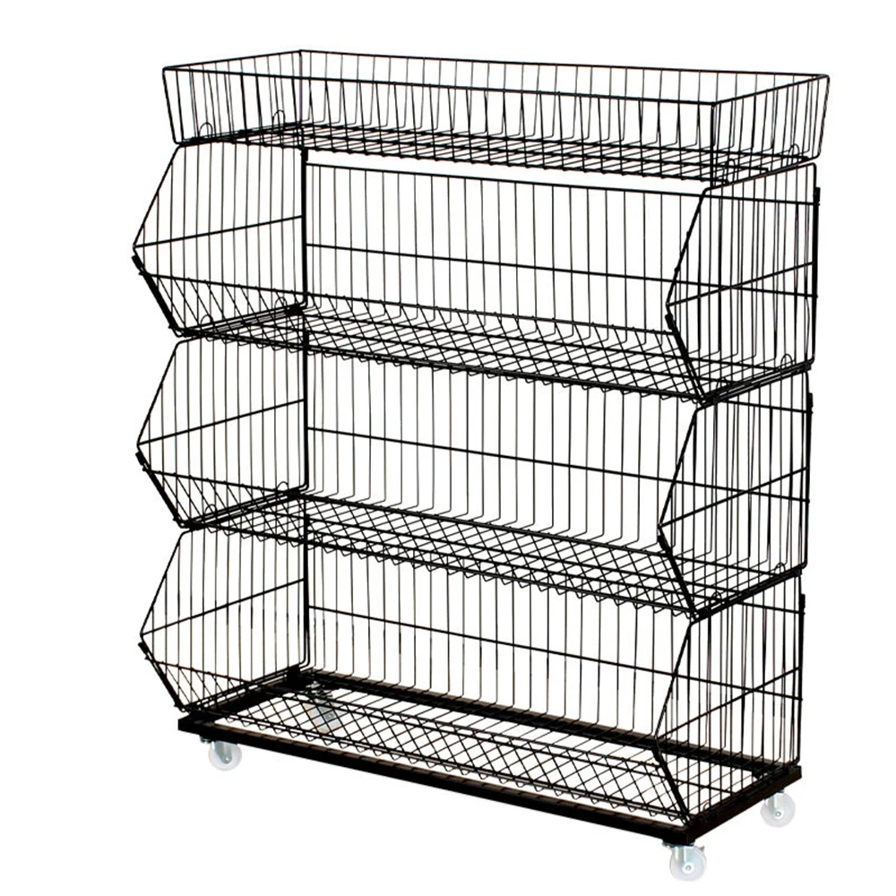 4-layer Wholesale Retail Store Snack Shelf Display Rack Metal Wire Dump Bin Stacking Tilted Basket Supermarket Stand With Wheel
