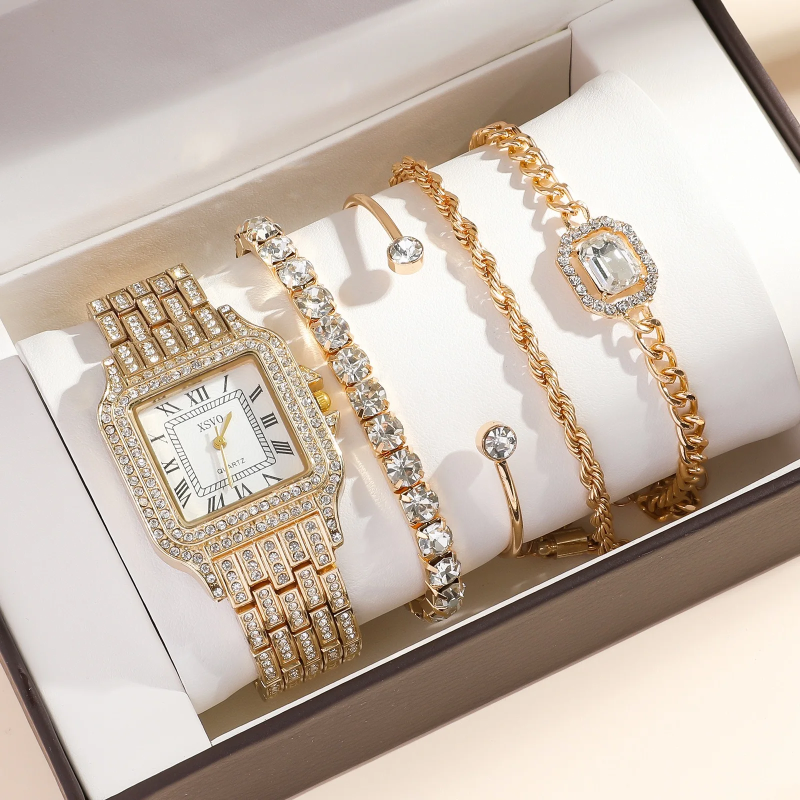 Free samples 5pcs/set High Quality Diamond Quartz Watch Double Diamond Bracelet Luxury Watches Set For Women