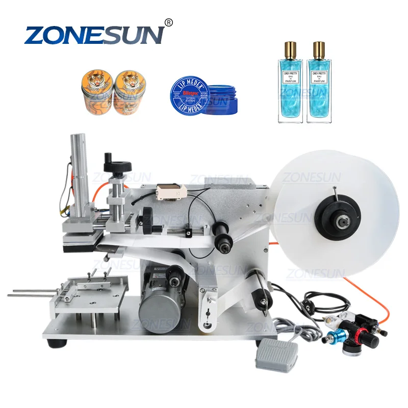 ZONESUN TB-60 настольная полуавтоматическая машина для маркировки круглых бутылок клейкая наклейка стеклянная банка пластиковая плоская этикетировочная машина
