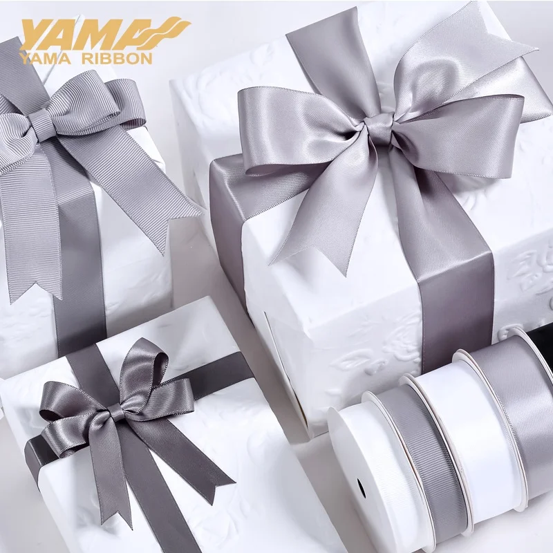 Yama ribbon stock wholesale polyester classic black white grey grosgrain ribbon for gift wrapping box 100 yards