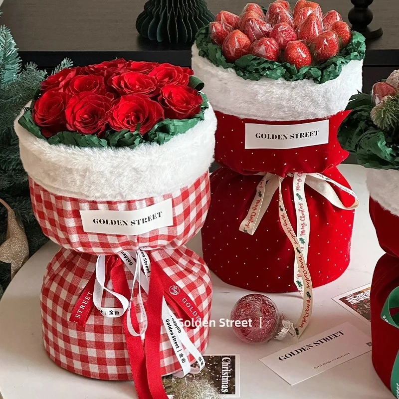 Christmas Strawberry and Apple Bouquet Small Fragrant Wind Bag Cloth Fleece Wool Lamb Fleece Creative Bag Flower Cloth Wholesale