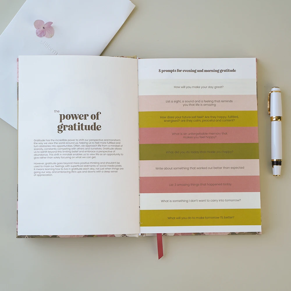 Custom Logo Planner A5 Pink Flowers Thermal Binding Diary Journal Gratitude And Growth Hardcover Notebook