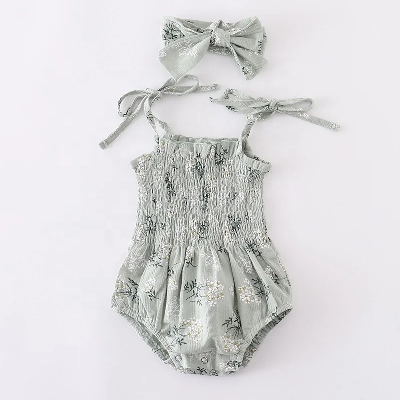 summer pink delicate baby girl infant jacquard cotton floral printing romper matching headband one-piece