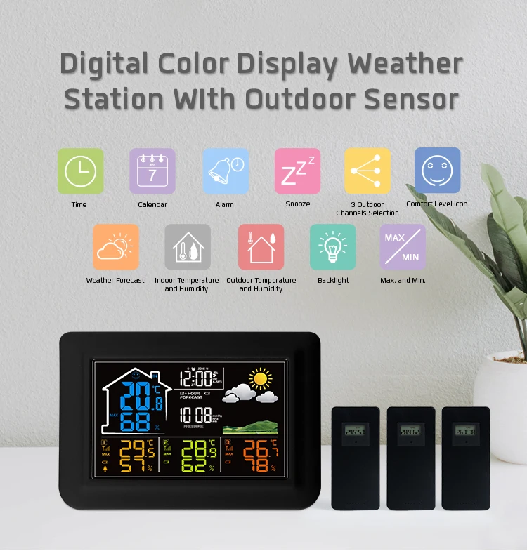 2024 EVERTOP  433MHZ RF WIRELESS COLORFUL WEATHER STATION CLOCK WITH 3 SENSORS, INDOOR AND OUTDOOR TEMP. AND HUMI.  ET820E-3