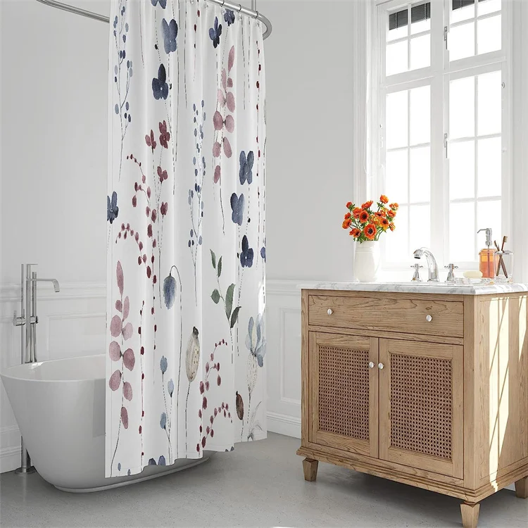 72x72 Inches Ink Blue Floral Shower Curtain Waterproof Fabric Modern Minimalist Art Bath Curtain with 12 Hooks for Bathroom