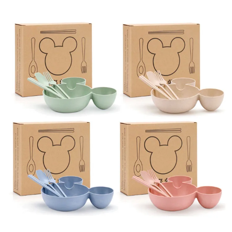 2020 Лидер продаж на Amazon, заводская цена, комплект посуды из бамбукового волокна с животными для детей, чашка, вилка, ложка, пшеничная солома, наборы посуды