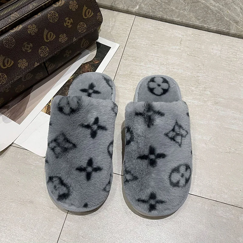 Popular printed house silent fur slides slippers fashion home warm anti slip plush slippers for women new styles