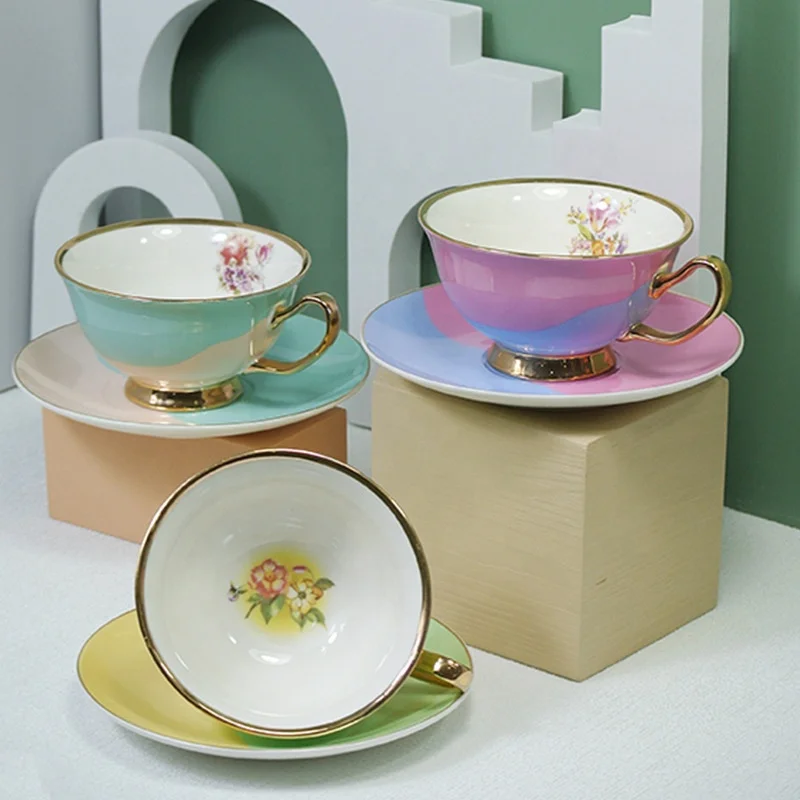 Porcelain Contrast Color Gradient Tea Cups and Saucers Set Pink Blue Green Luxury Ceramic Coffee Cup set