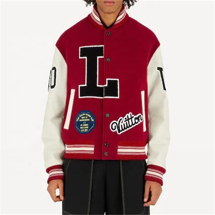 OEM custom 2021 high quality wool leather sleeves embroidered patch logo 2 side pockers ribbed trims varsity jacket for men