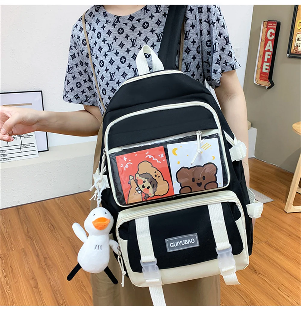 Amiqi 2021 New Arrival 4 in 1 Fashion Pink Canvas College Student School Laptop Book Bag with Lunch cooler Pencil