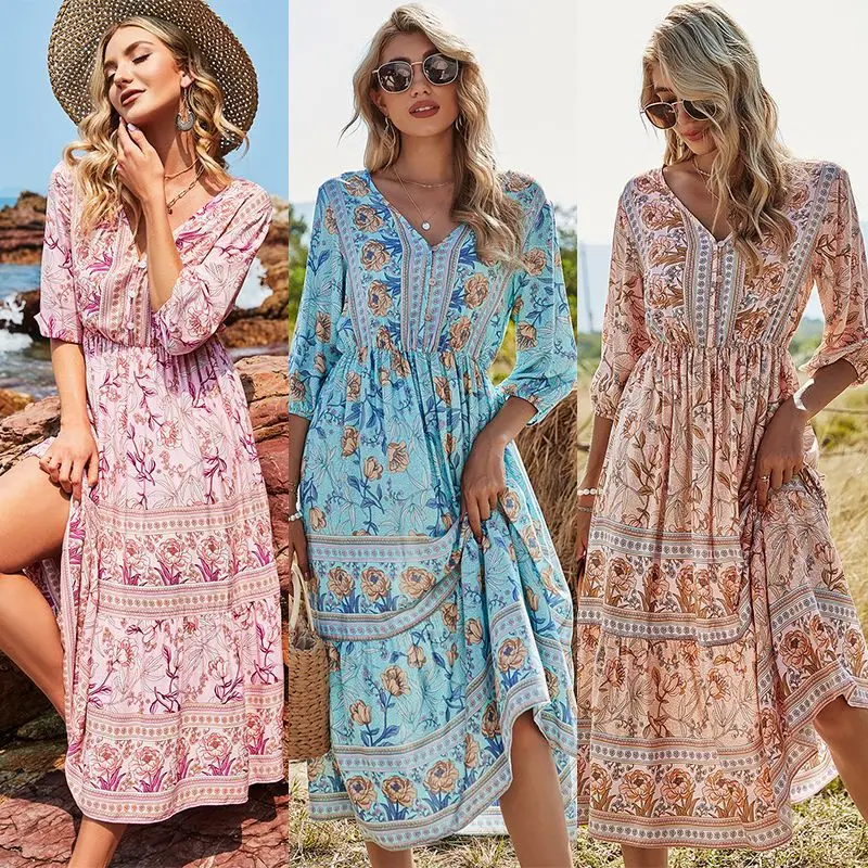 Summer vintage dresses for women V Neck Floral Printed  midi boho dress beach bohemian dresses