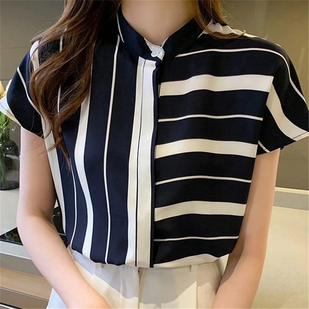 Wholesale New Arrival Oem Blouses Shirts Short Sleeve Summer Striped Chiffon Blouse Women Shirt Tops Ladies