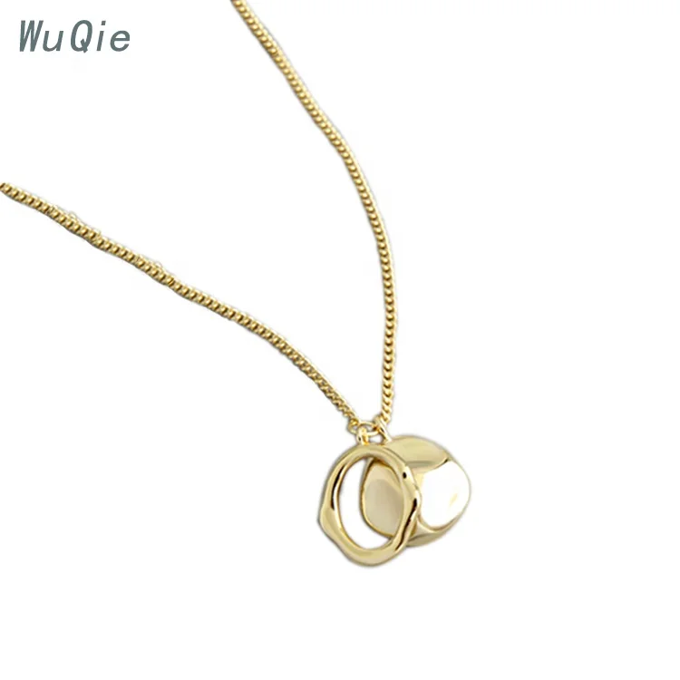 Wuqie S925 Sterling Silver Choker Gold Plated Irregular Round Chain Geometric Ring Pendant Necklace