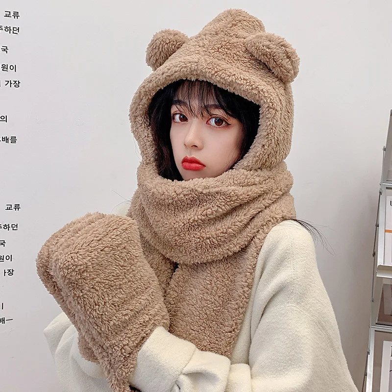 Winter bear thick ear warm hat scarf gloves 3-in-1 plush hat