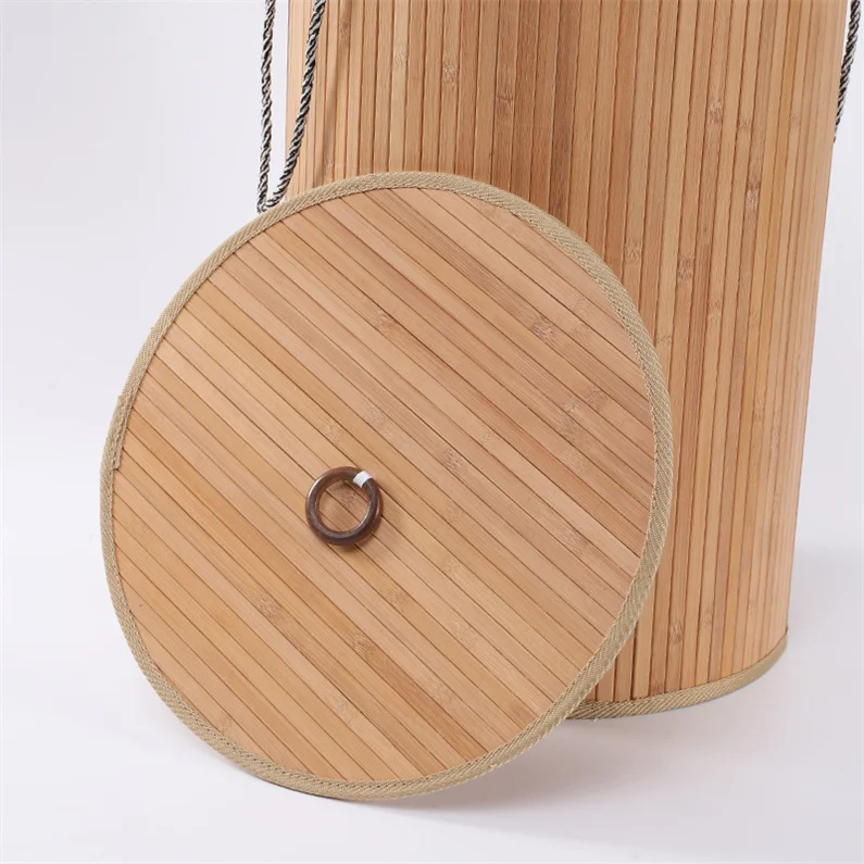 Экологичная Складная круглая бамбуковая корзина для белья, коробка для хранения, корзина для белья с крышкой