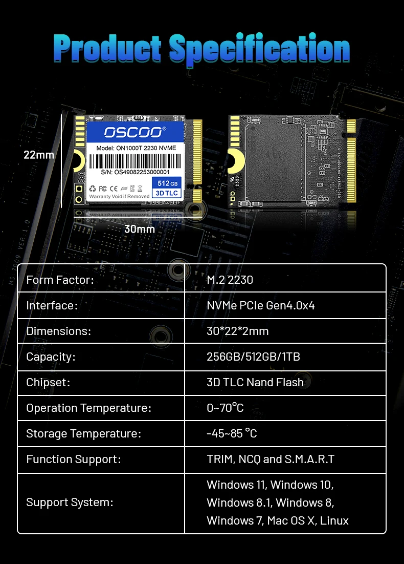 OSCOO 2230 PCIe4 NVMe SSD жесткий диск 1 ТБ 512 ГБ 256 диско Дуро 2 консоль Паровая площадка игра 5500 Мб/с