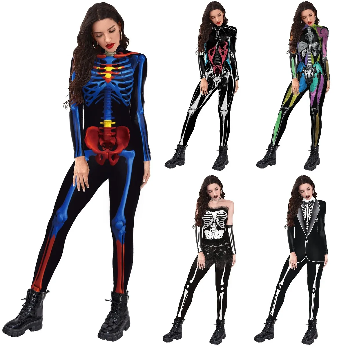 NADANBAO Human Skeleton Printed Halloween Costume Ladies Jumpsuit Men Jumpsuit Custom Gothic Punk Costume for Halloween