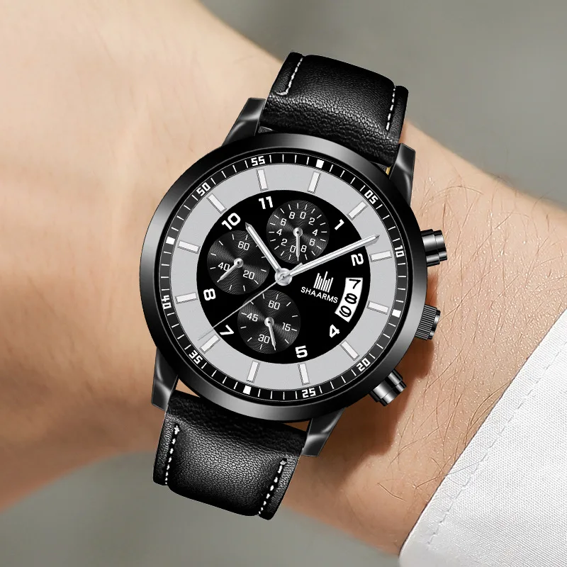 7059 European Wholesale mens watches stainless steel Black Leather Rubber Strap Sport Wrist watches Montre Homme