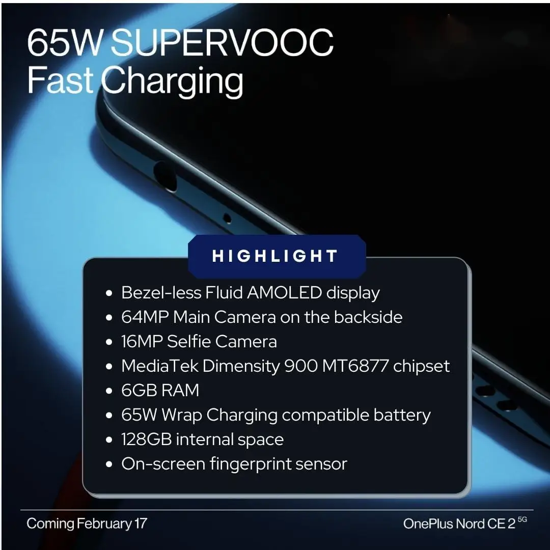 2022New OnePlus Nord CE 2 Ketianji 900 Chipset 65W SuperVOOC Fast Charge Android 5G Phone 8+128
