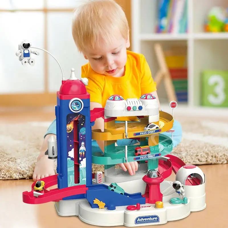 Electric DIY Storytelling Brain Game Multilayer Slot Race Track Toys Space Track Car Adventure Toy with 4 Mini Cars