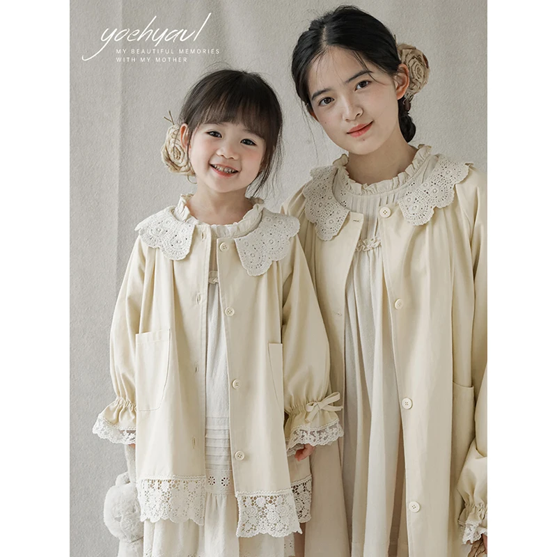 custom children clothes simple vintage-inspired long-sleeved top lace collar overcoat cardigan outerwear resembles trench coat