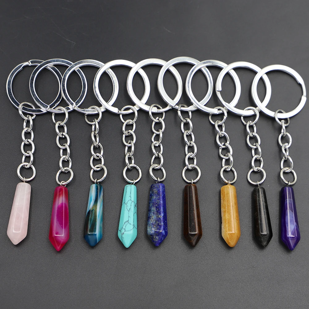 Natural Stone Hexagonal Column Keychain Stripe Agates Pendants Key Rings on Bag Car Jewelry Party Friends Gift
