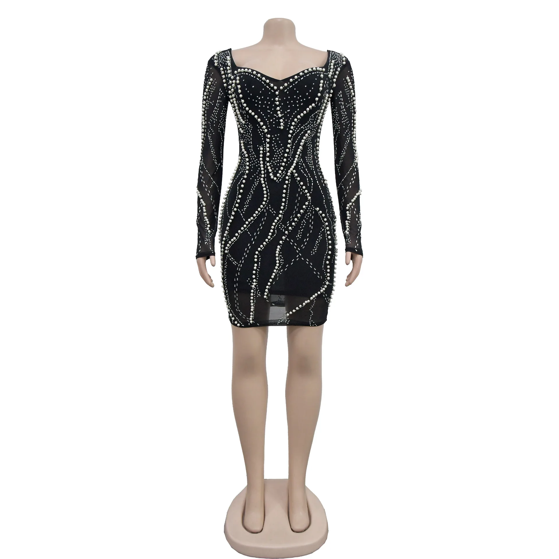 2023 Sexy Women Solid Color Mesh Rhinestone Evening Dress with Long Sleeved Short Skirt Mini Birthday Prom Dresses