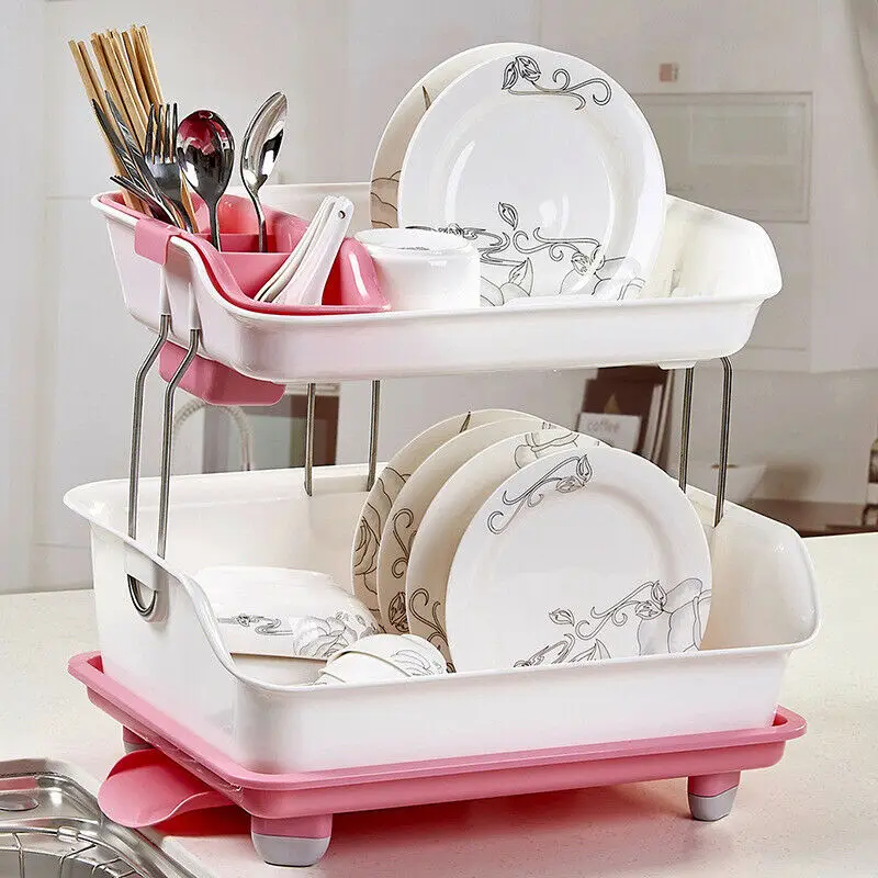 Plastic Dish Drainer Double Drip Tray 2 Layer Utensil Cutlery Draining