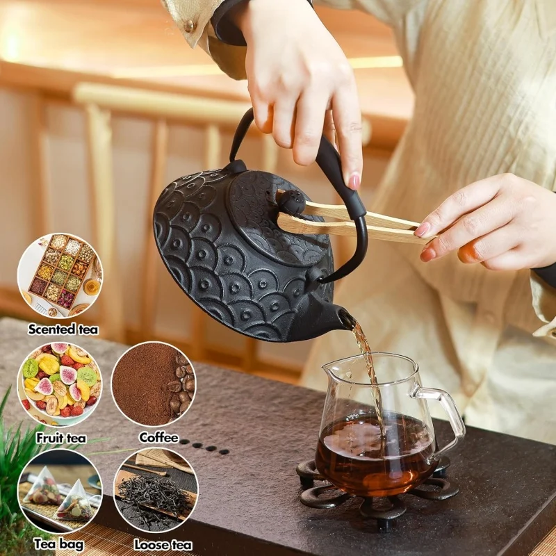 Cast Iron Teapot, Japanese Tetsubin Tea Kettle with Infuser for Loose Tea - Stovetop Safe Coated with Enameled Interior