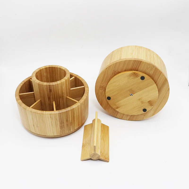 Rotating Pencil Holder with 11 Compartments wooden Office stationary accessories Bamboo Pen Holder 360 degree desk organizer