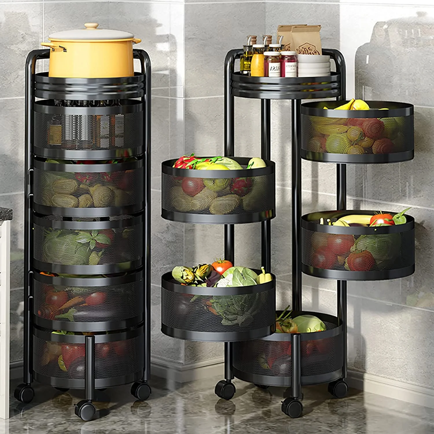 Metal Multi-Layer Rotating Storage Rack Fruit Stackable Storage Basket Cart Floor-Standing Layered Shelf Vegetable Storage Cart
