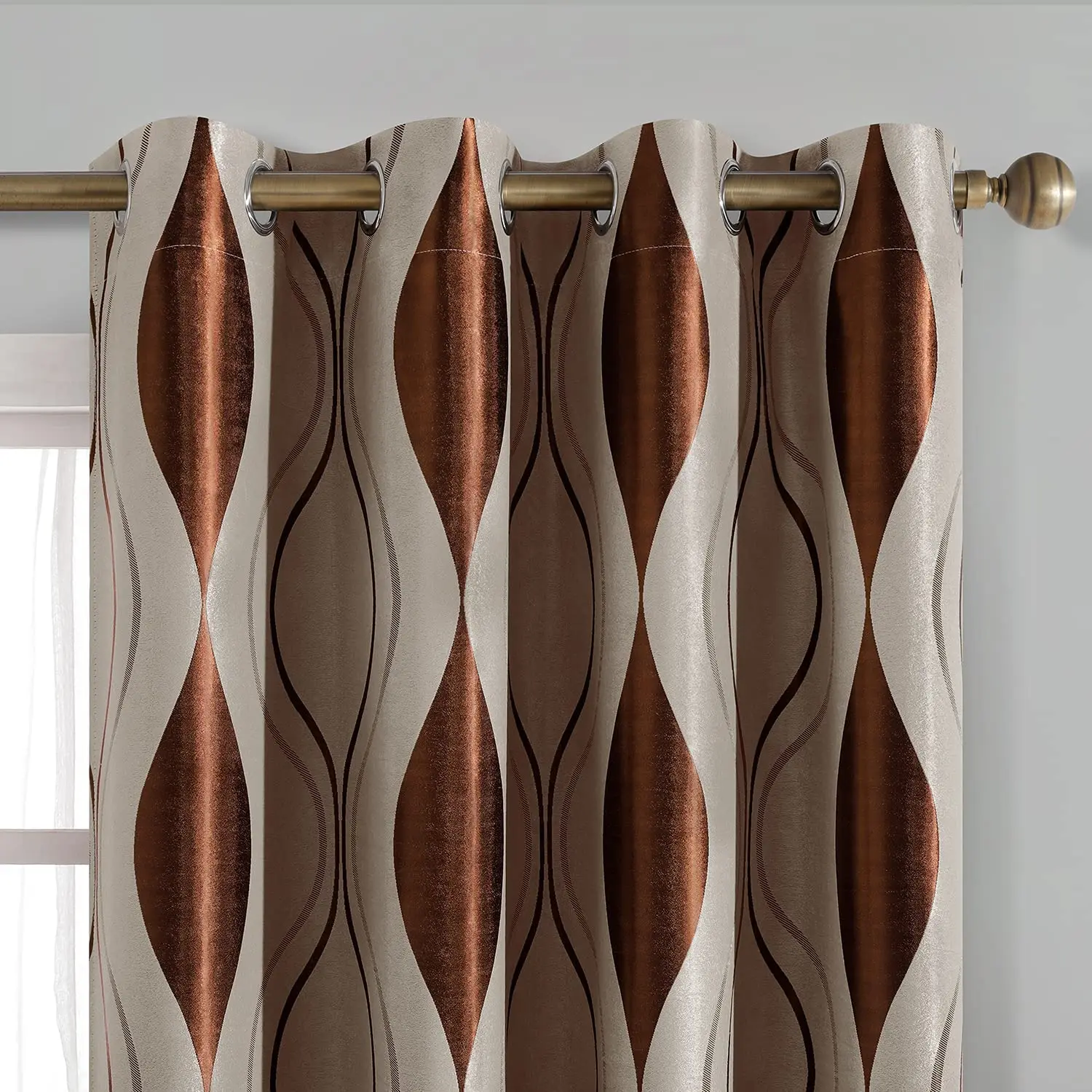 Wave Room Darkening Curtains Brown and Beige Jacquard Grommet Window Curtains for Living Room
