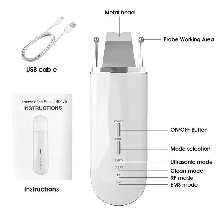 Wireless Professional Ultrasonic Peeling Spatula Equipment RF EMS Cleansing Household Facial Clean Skin Scrubber