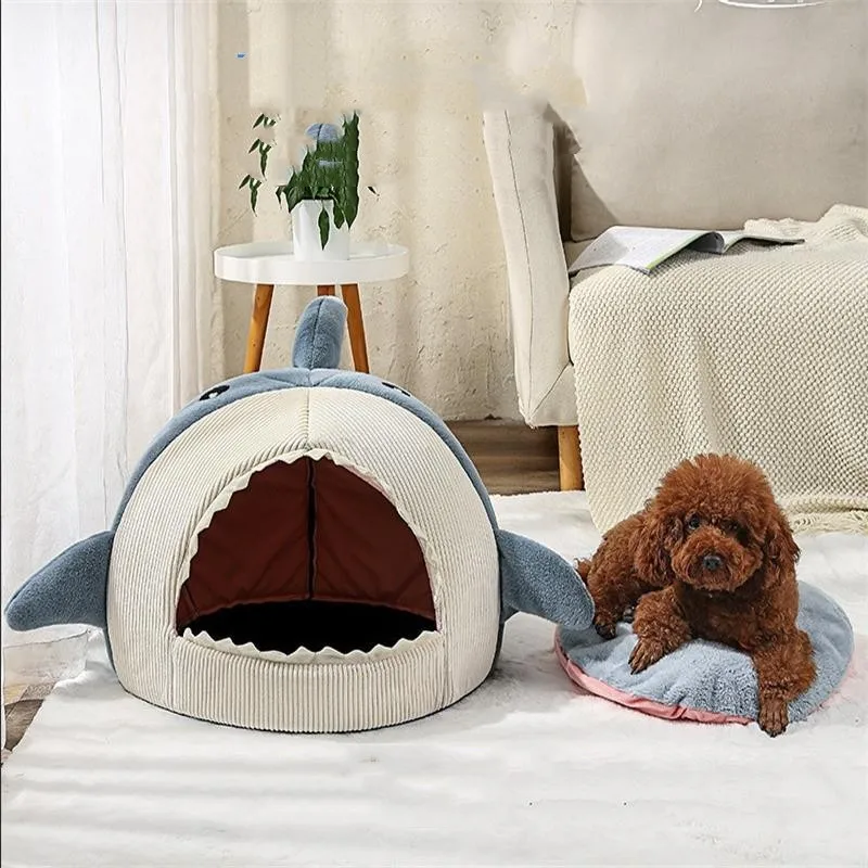 Semi-enclosed Cute Cartoon Shark Shape Cat Kennel Winter Warm Pet Bed Soft Plush Pet Supplies Pp Cotton Filled Dog Cat House