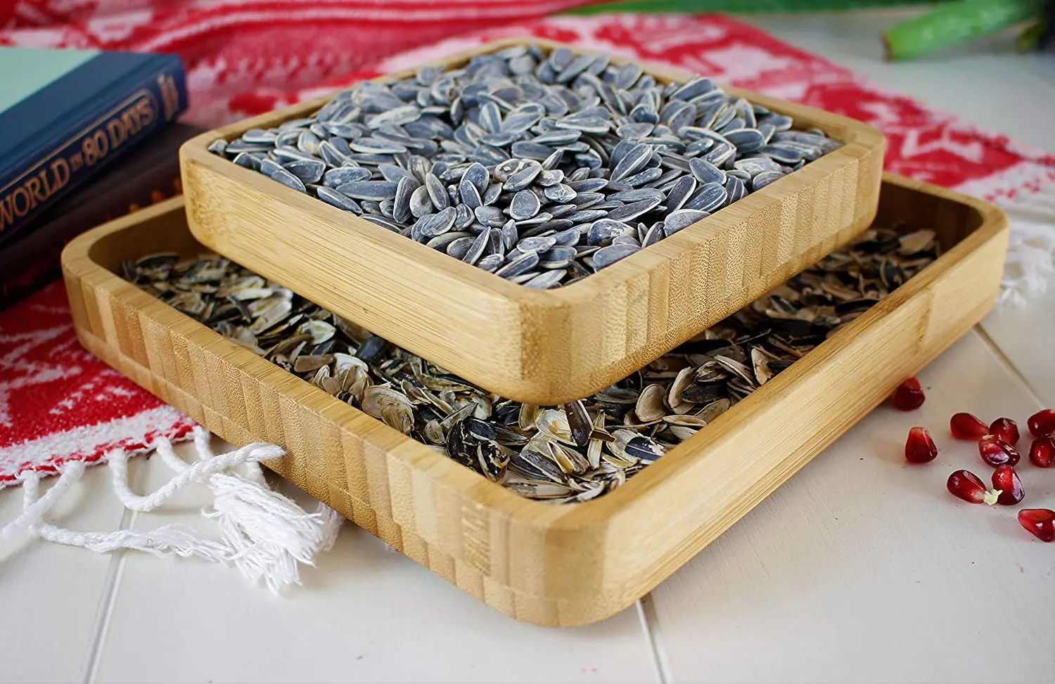 Bamboo Pistachio Snack Bowl Double Dish Holder Bowl Pedestal and Sunflower Seed Nut Bowl with Shell Storage tray