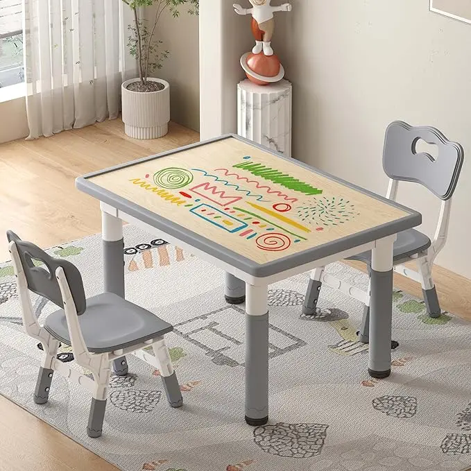 Kids Table and Chairs Height Adjustable Toddler Table and Chairs 31.5'L x 23.6'W Graffiti Table with 2 Chairs for reading