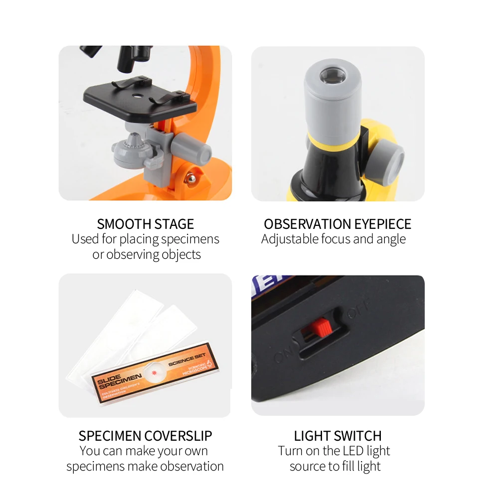Kids Microscope Kit Beginners 100x 400x 1200x Kids High-Power Scientific Experiment Microscope With Microscope Slides Led Light